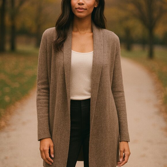 Lusso 100% Cashmere Sz S Long Open Cardigan Old Money Brown Quiet Luxury Sweater - Picture 1 of 8